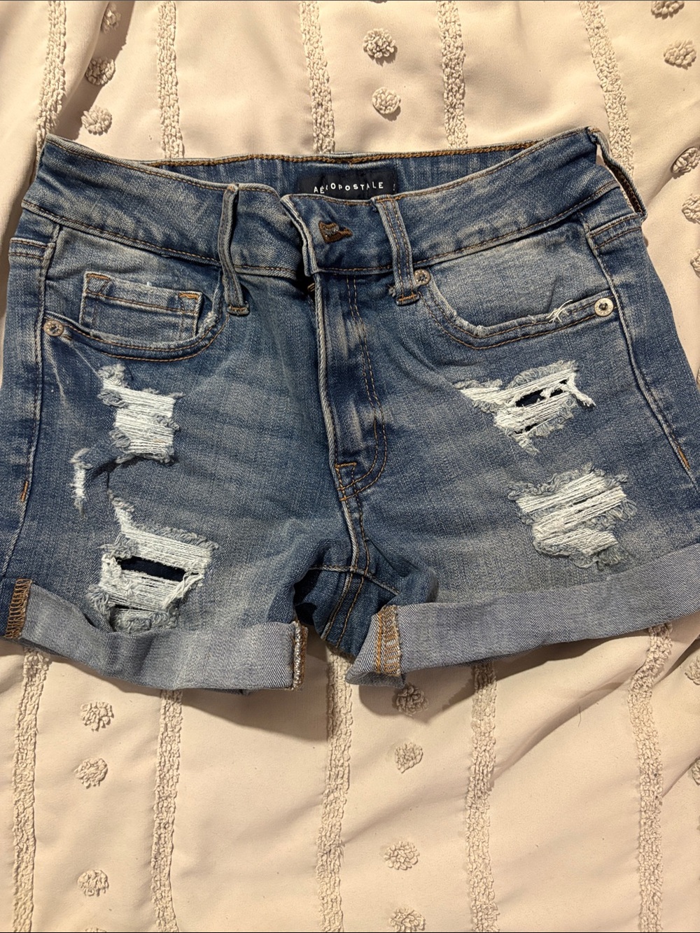 Aeropostale Women's Distressed Roll-Cuff Denim Shorts - Blue